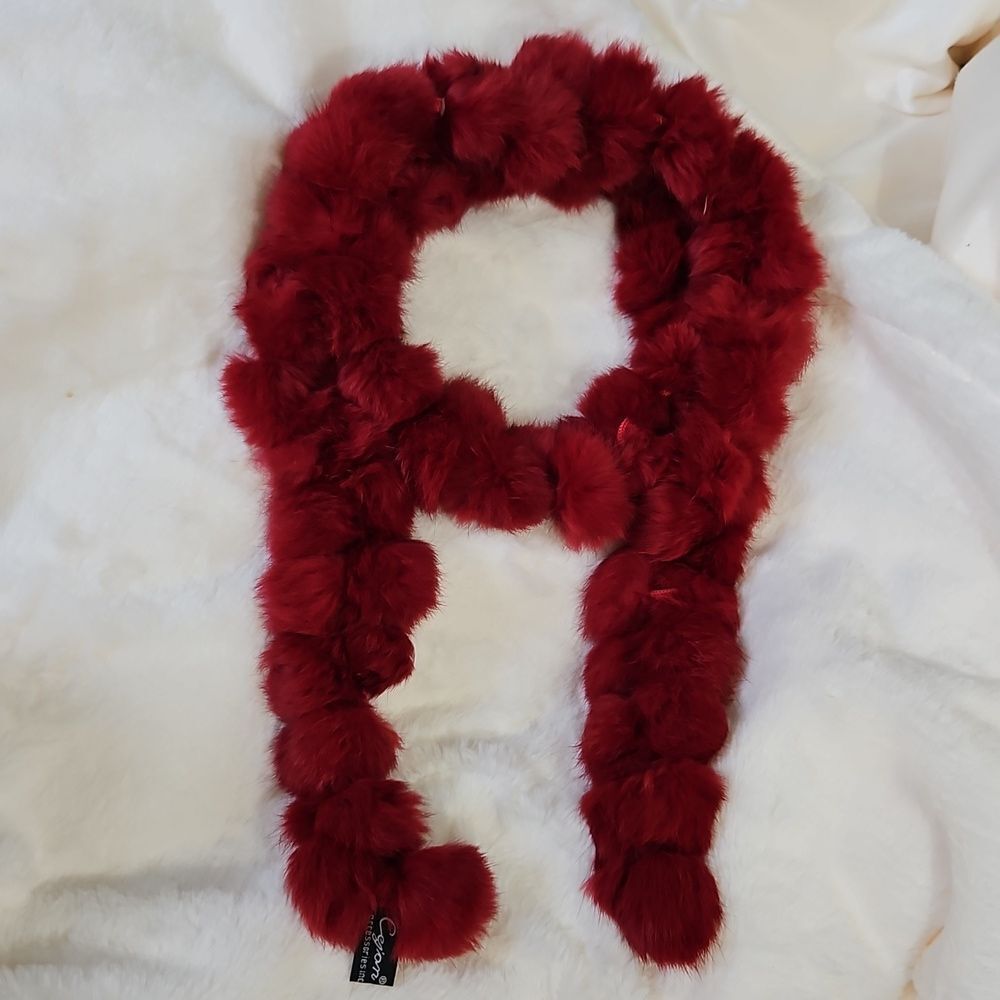 Vintage Rabbit Fur Pom Pom Scarf | Soft Plush Winter Neck Warmer | 66”
